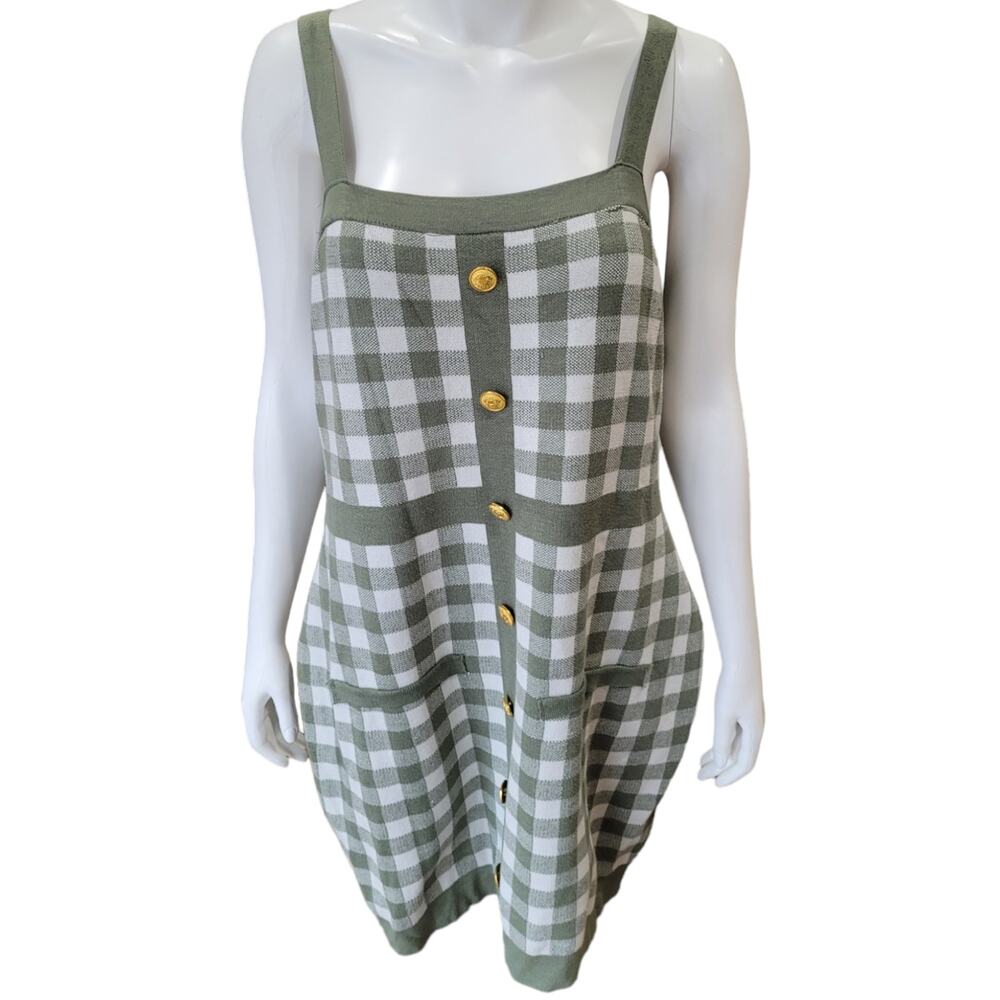 Coco & Shay Plus 2X Knit Jumper Dress Sage Green Gingham Plaid Cottagecore